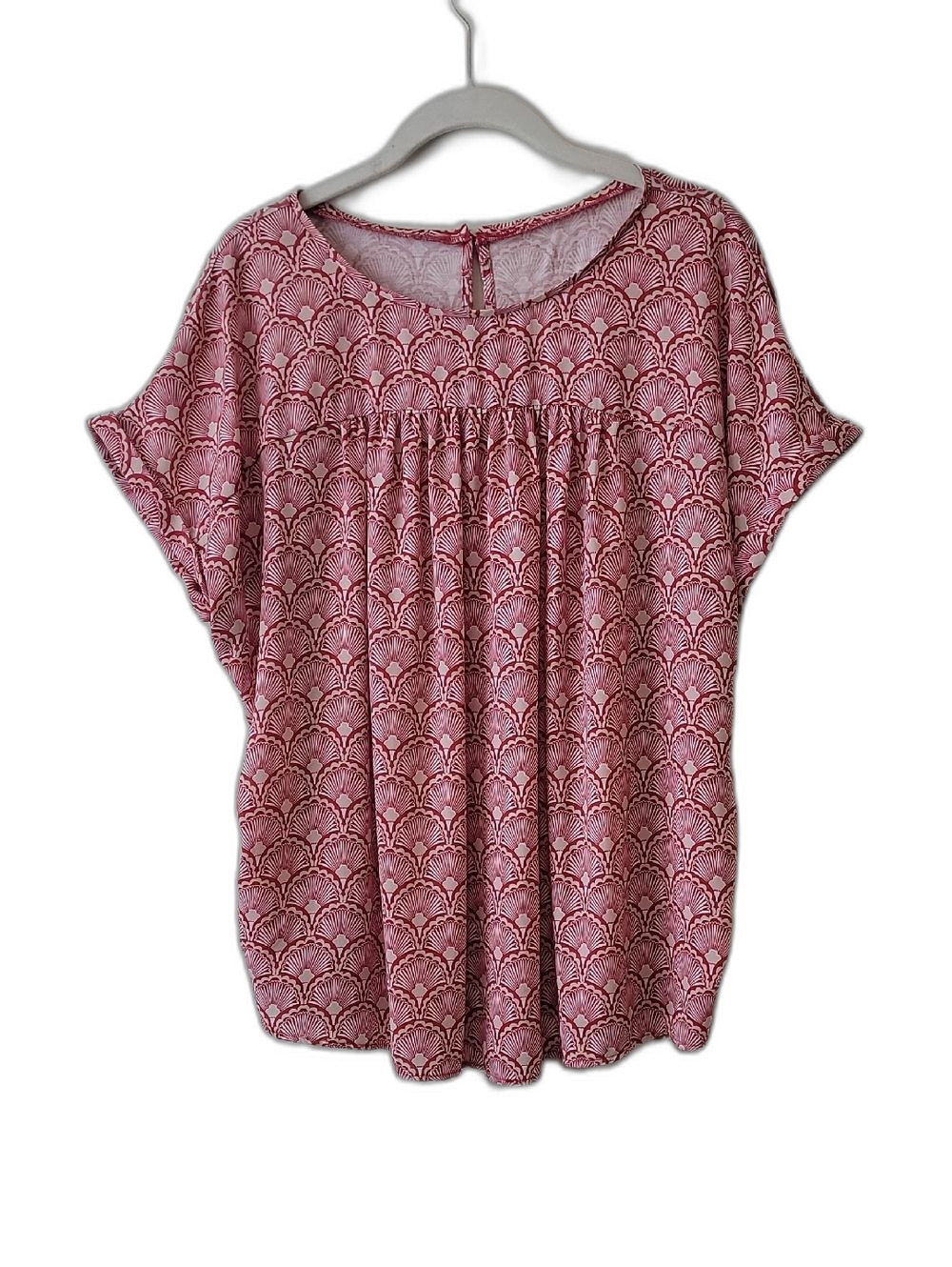 Pink Patterned Short-Sleeve Gathered Front Blouse - Casual Women's Top